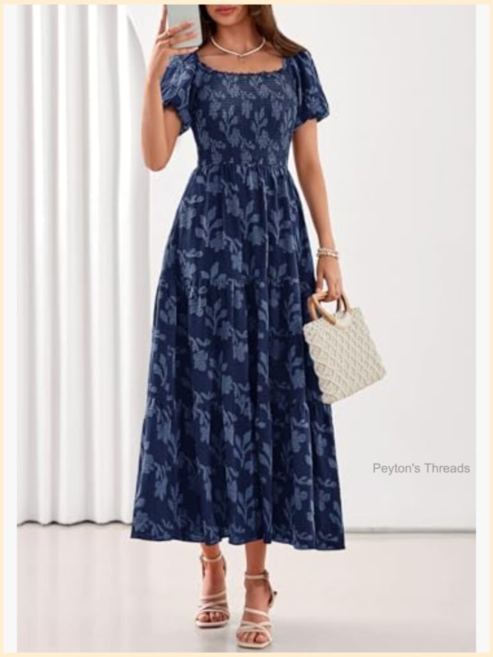Boho Maxi Dress Floral Short Sleeve Square Neck Smocked Flowy Long Vacation - Picture 2 of 7